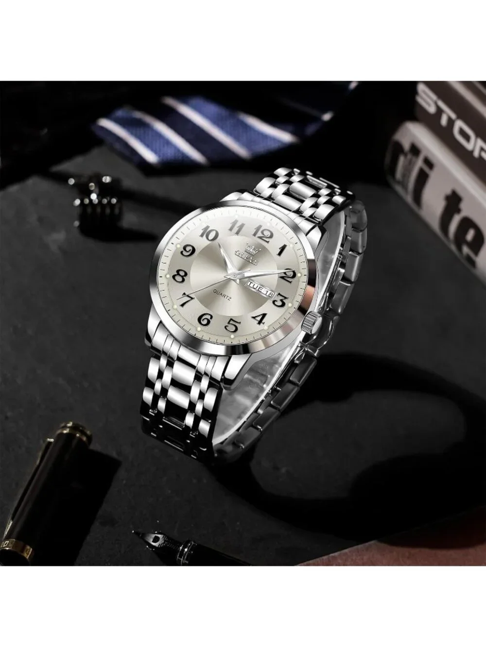 Mens Silver Grey Big Dial Analog Quartz Stainless Steel Relojes Waterproof Watch